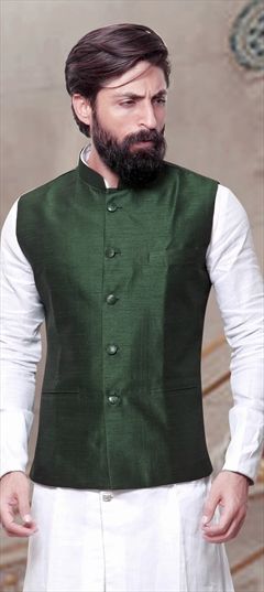 506455: Green color Nehru Jacket in Silk fabric with Thread work