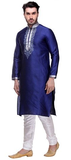 506516: Blue color Kurta Pyjamas in Art Dupion Silk fabric with Embroidered, Thread work