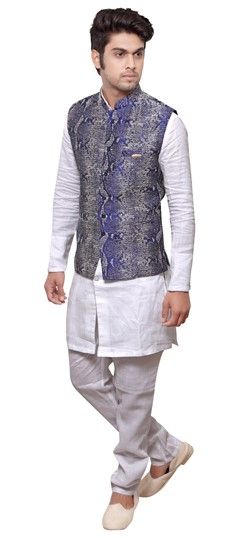 506757: Black and Grey, White and Off White color Kurta Pyjama with Jacket in Jute, Linen fabric with Thread work