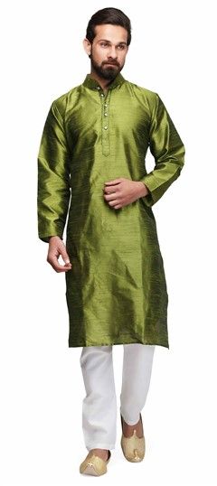 506835: Green color Kurta Pyjamas in Raw Dupion Silk fabric with Stone work