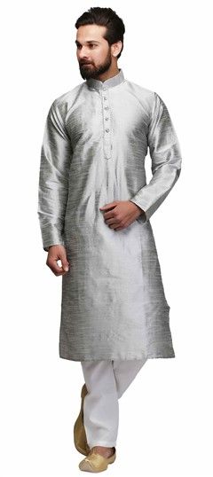 506839: Silver color Kurta Pyjamas in Raw Dupion Silk fabric with Stone work