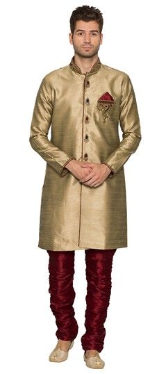 Beige and Brown color IndoWestern Dress in Silk fabric with Patch, Stone work : 506848