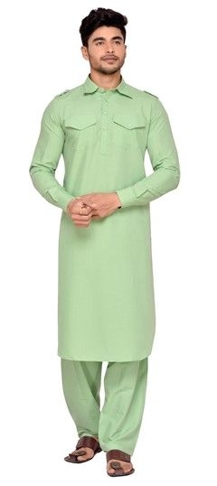 507053: Green color Pathani Suit in Cotton fabric with Thread work