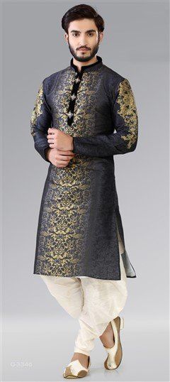 Black and Grey, Gold color Kurta Pyjamas in Art Dupion Silk fabric with Printed work : 507295