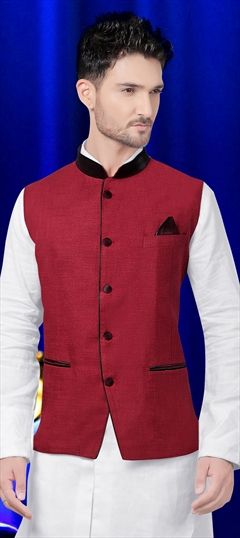 507445: Red and Maroon color Nehru Jacket in Cotton fabric with Thread work