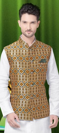 507489: Green, Yellow color Nehru Jacket in Jacquard, Silk fabric with Thread work
