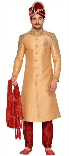 Gold color Sherwani in Silk fabric with Embroidered, Stone, Thread work : 507518