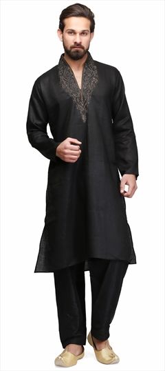 507689: Black and Grey color Kurta Pyjamas in Raw Dupion Silk fabric with Embroidered, Thread work