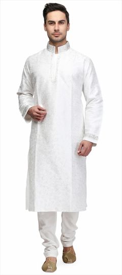 507690: White and Off White color Kurta Pyjamas in Raw Dupion Silk fabric with Bugle Beads, Embroidered, Thread work