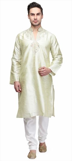 507692: Green color Kurta Pyjamas in Raw Dupion Silk fabric with Embroidered, Thread, Zari work