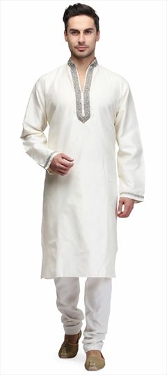 507694: White and Off White color Kurta Pyjamas in Raw Dupion Silk fabric with Stone work