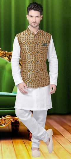 507747: Gold, White and Off White color Kurta Pyjama with Jacket in Brocade, Linen fabric with Thread work
