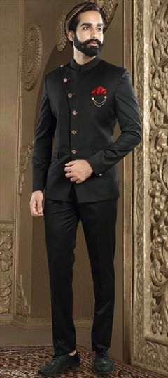 Black and Grey color Jodhpuri Suit in Brocade fabric with Broches work : 507759