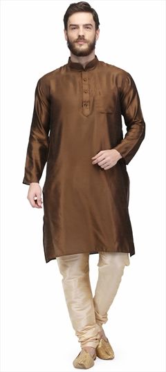 507803: Beige and Brown color Kurta Pyjamas in Raw Dupion Silk fabric with Thread work