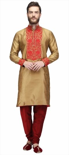 507805: Gold color Kurta Pyjamas in Raw Dupion Silk fabric with Embroidered, Resham, Thread work