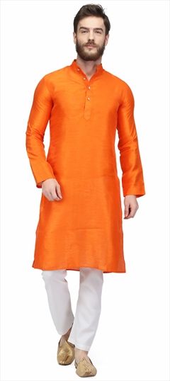 507808: Orange color Kurta Pyjamas in Raw Dupion Silk fabric with Thread work