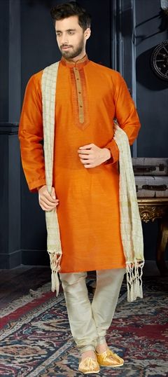 507990: Orange color Kurta Pyjamas in Art Dupion Silk fabric with Printed work