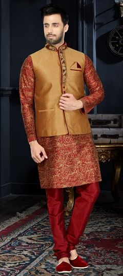 Beige and Brown, Red and Maroon color Kurta Pyjama with Jacket in Art Dupion Silk fabric with Printed work : 507997