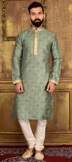Green color Kurta Pyjamas in Banarasi Silk, Silk fabric with Thread work : 508168