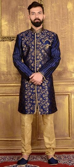 508188: Blue color IndoWestern Dress in Banarasi Silk, Silk fabric with Thread work