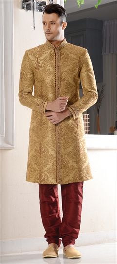 Beige and Brown color Sherwani in Banarasi Silk, Brocade, Silk fabric with Embroidered, Stone, Thread, Zari work : 508240