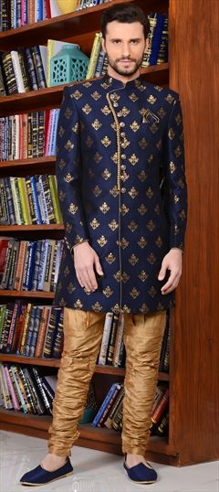 508278: Blue color IndoWestern Dress in Banarasi Silk, Brocade, Silk fabric with Thread work