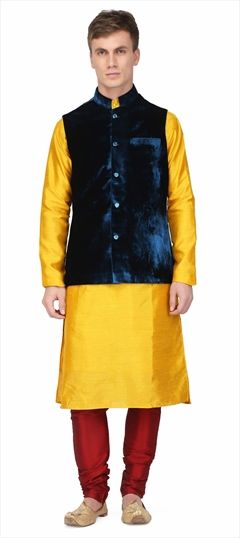 508481: Yellow color Kurta Pyjama with Jacket in Raw Dupion Silk fabric with Thread work
