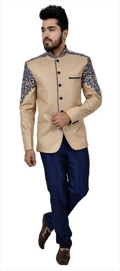 508491: Beige and Brown color Jodhpuri Suit in Jute fabric with Thread work