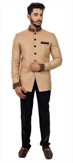 Beige and Brown color Jodhpuri Suit in Jute fabric with Thread work : 508494