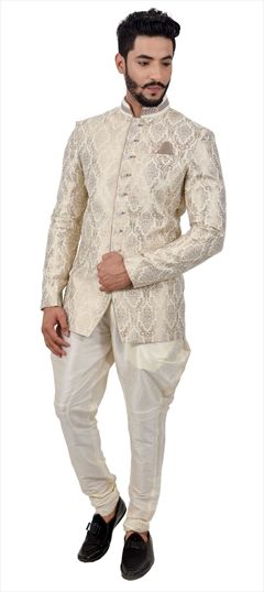 Beige and Brown color Jodhpuri Suit in Jute fabric with Thread work : 508498
