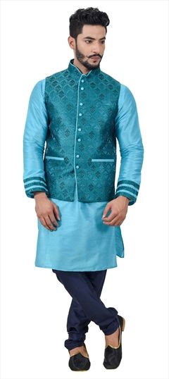 508565: Blue color Kurta Pyjama with Jacket in Art Silk fabric with Thread work