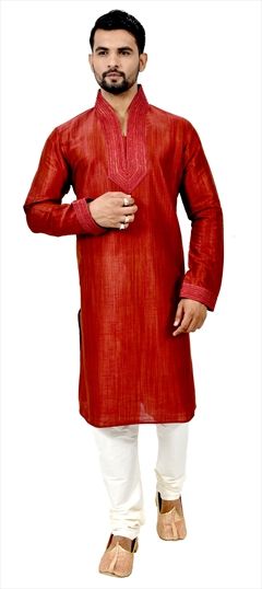 Red and Maroon color Kurta Pyjamas in Ghicha Silk fabric with Thread work : 508585