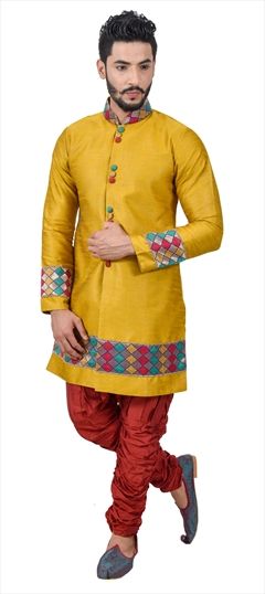 Yellow color IndoWestern Dress in Art Silk fabric with Thread work : 508662