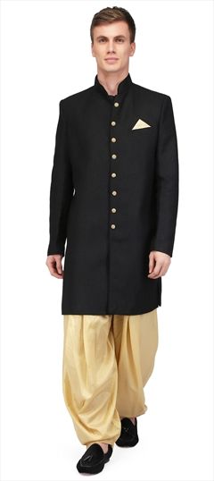 508718: Black and Grey color Sherwani in Brocade fabric with Thread work