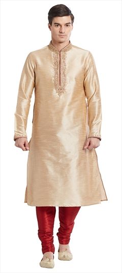 508790: Beige and Brown color Kurta Pyjamas in Blended fabric with Embroidered, Thread work