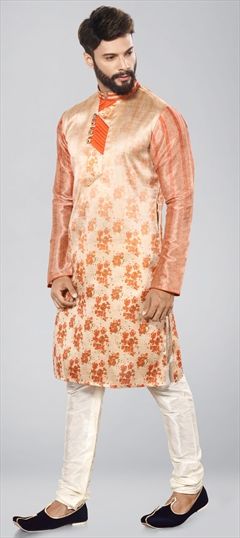 508912: Orange color Kurta Pyjamas in Dupion Silk fabric with Printed work
