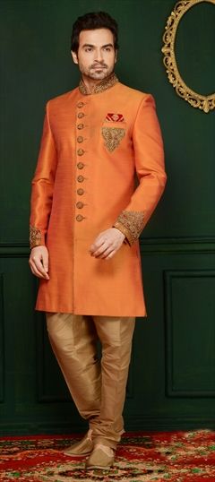 Orange color Sherwani in Banarasi Silk fabric with Patch work : 508955