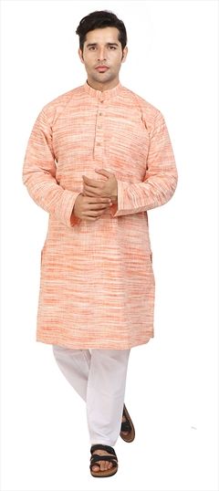 509113: Orange, White and Off White color Kurta Pyjamas in Cotton fabric with Printed work