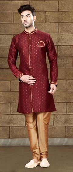 509128: Red and Maroon color IndoWestern Dress in Jacquard fabric with Thread work