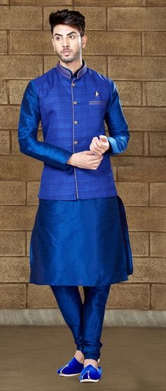 Blue color Kurta Pyjama with Jacket in Art Dupion Silk fabric with Thread work : 509153