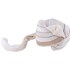 600014 White and Off White color family turban in Velvet fabric with Moti, Stone, Lace work.