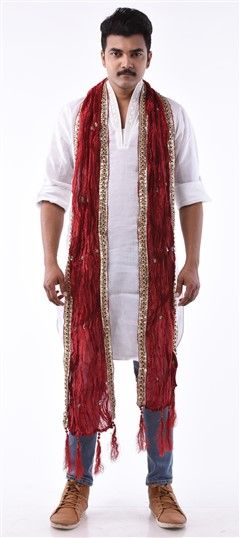 600104 Red and Maroon color family stole in Art Silk fabric with Lace, Bugle Beads work.