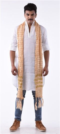 600106 Beige and Brown color family stole in Crushed Silk fabric with Crushed, Zari, Thread work.