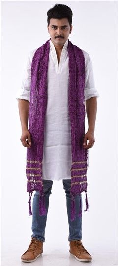 600110 Purple and Violet color family stole in Crushed Silk fabric with Crushed, Zari, Thread work.