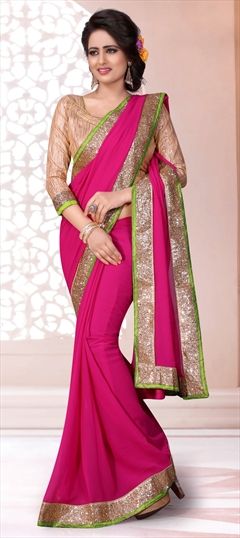 Party Wear Pink and Majenta color Saree in Georgette fabric with Border work : 700739