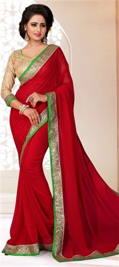 Party Wear Red and Maroon color Saree in Georgette fabric with Border work : 700744