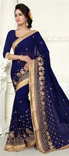 Party Wear Blue color Saree in Georgette fabric with Classic Embroidered, Lace, Thread, Zari work : 701976