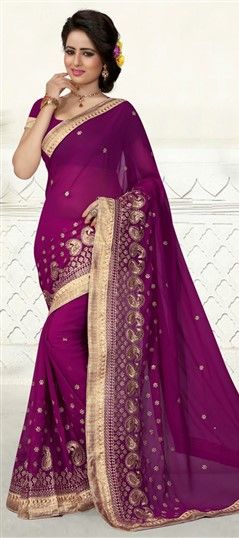 Party Wear Purple and Violet color Saree in Georgette fabric with Embroidered, Lace, Thread, Zari work : 701980