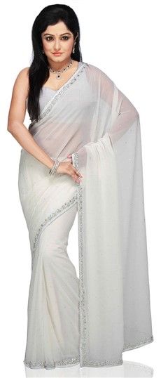 Party Wear White and Off White color Saree in Georgette fabric with Cut Dana work : 702656