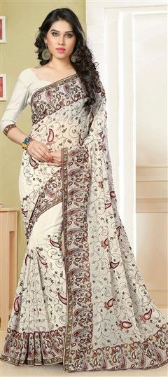 Party Wear White and Off White color Saree in Georgette fabric with Embroidered, Lace, Resham, Stone, Thread work : 703616
